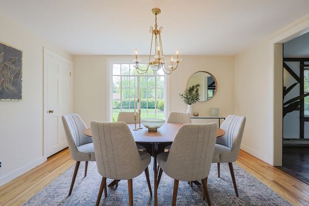Chandelier, Dining room, Interior, Wood Texture Flooring