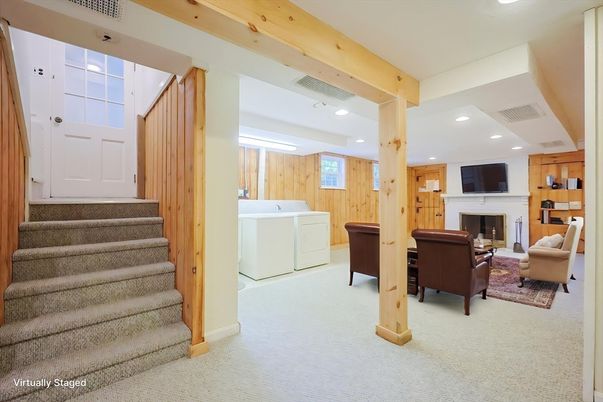 Fireplace, Interior, Living room, Recessed Lighting, Washer, Wooden Walls