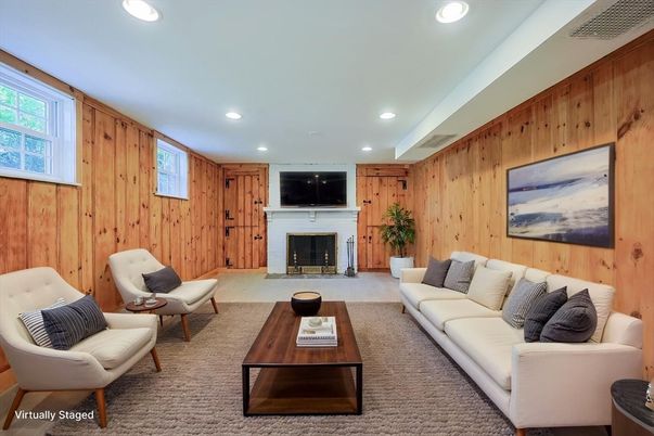 Fireplace, Interior, Living room, Recessed Lighting, Wooden Walls