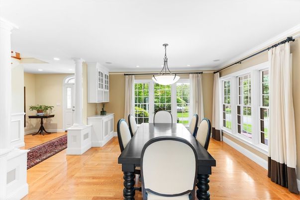 Dining room, Interior, Pendant Lights, Recessed Lighting, Wood Texture Flooring