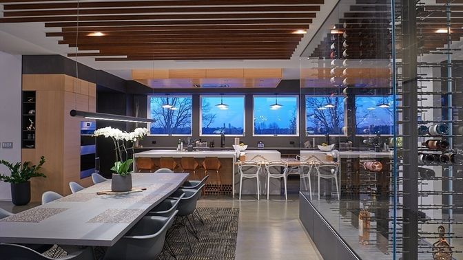 Dining room, Interior, Recessed Lighting, Wooden Ceilings, Wood Texture Flooring