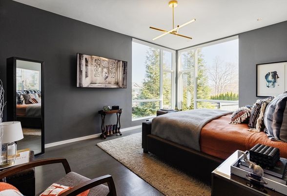 Dining room, Fireplace, Interior, Living room, Pendant Lights, Recessed Lighting, Wood Texture Flooring