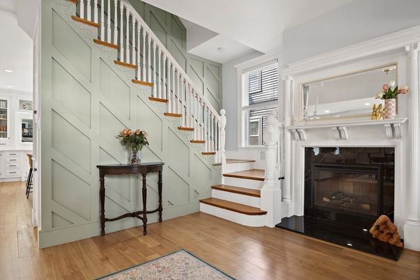 Fireplace, Interior, Recessed Lighting, Wood Texture Flooring