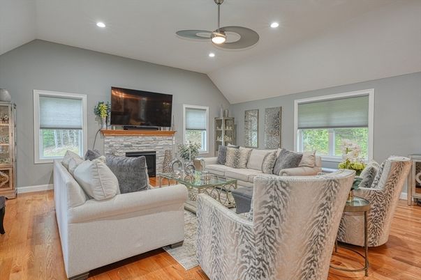 Fireplace, Interior, Living room, Recessed Lighting, Wood Texture Flooring