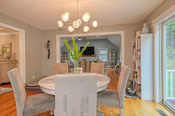 Dining room, Interior, Pendant Lights, Wood Texture Flooring