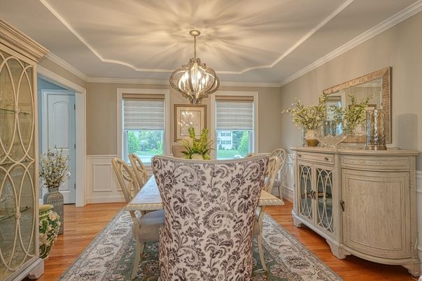 Dining room, Interior, Pendant Lights, Wood Texture Flooring