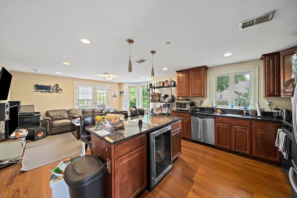 Interior, Kitchen, Living room, Pendant Lights, Recessed Lighting, Stainless Steel Appliances, Wood Texture Flooring