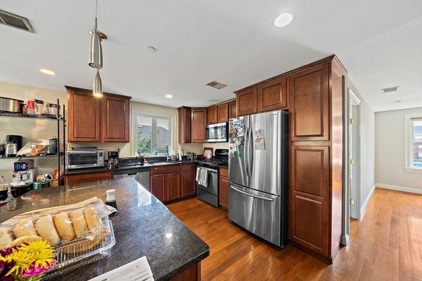 Interior, Kitchen, Pendant Lights, Recessed Lighting, Stainless Steel Appliances, Wood Texture Flooring