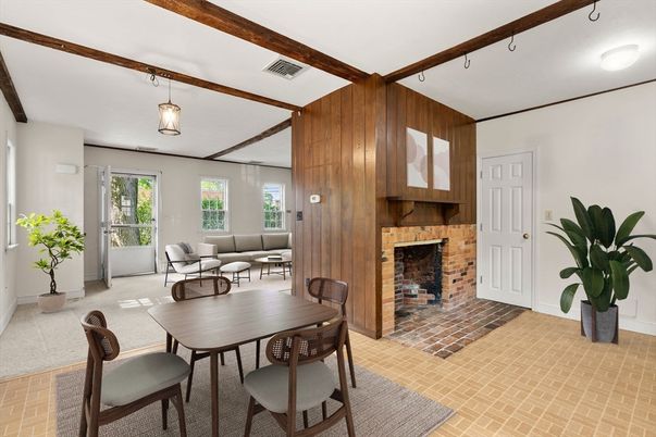 Dining room, Fireplace, Interior, Living room, Pendant Lights, Wooden Walls
