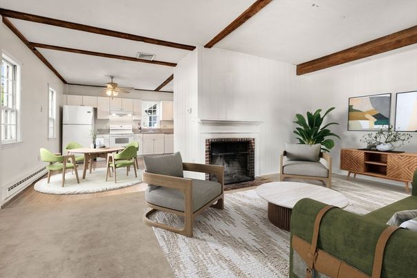 Dining room, Fireplace, Interior, Kitchen, Living room, Wooden Beams