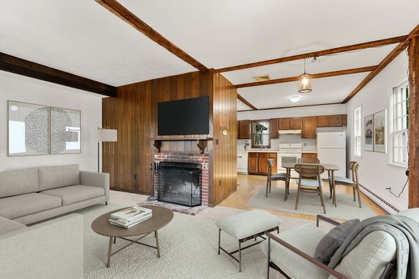 Dining room, Fireplace, Interior, Kitchen, Living room, Wooden Beams, Wood Texture Flooring, Wooden Walls