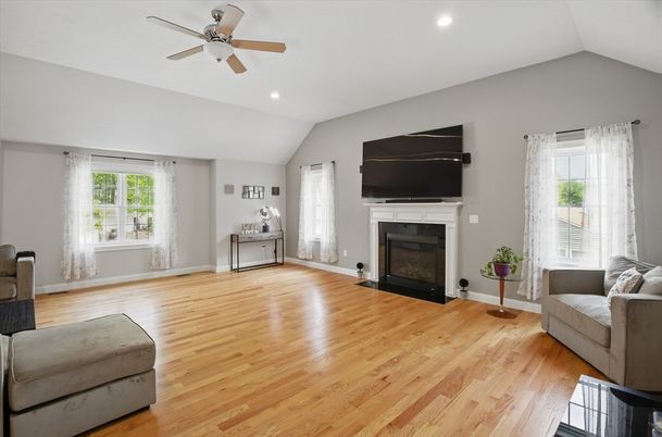 Empty room, Fireplace, Interior, Recessed Lighting, Wood Texture Flooring
