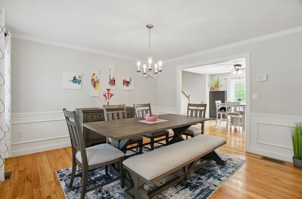 Chandelier, Dining room, Interior, Wood Texture Flooring