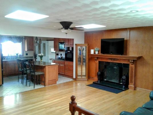 Fireplace, Interior, Kitchen, Recessed Lighting, Wood Texture Flooring
