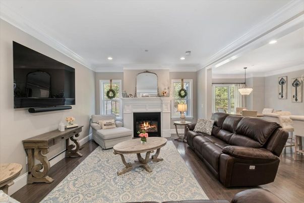 Dining room, Fireplace, Interior, Kitchen, Living room, Pendant Lights, Recessed Lighting, Wood Texture Flooring