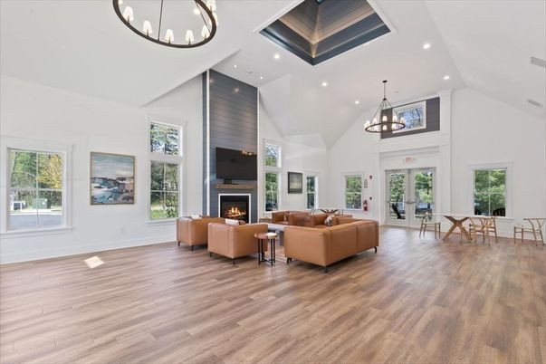 Dining room, Fireplace, Interior, Living room, Pendant Lights, Recessed Lighting, Wood Texture Flooring