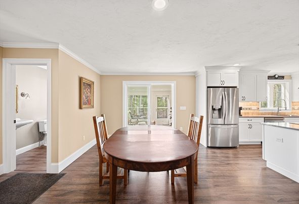 Dining room, Interior, Kitchen, Recessed Lighting, Stainless Steel Appliances, Wood Texture Flooring