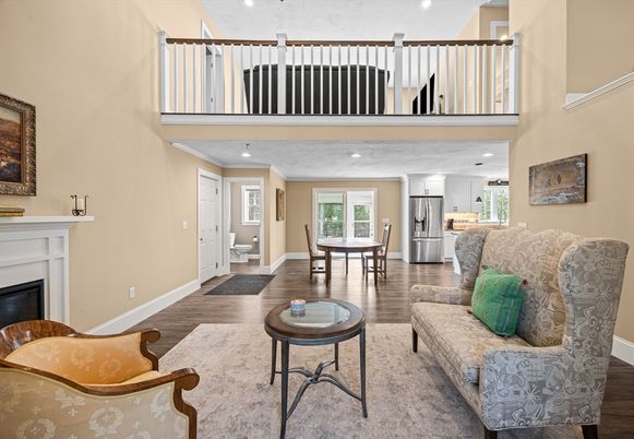 Dining room, Fireplace, Interior, Kitchen, Living room, Recessed Lighting, Wood Texture Flooring