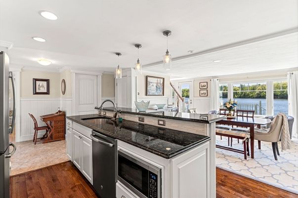 Dining room, Interior, Kitchen, Pendant Lights, Recessed Lighting, Water, Wood Texture Flooring