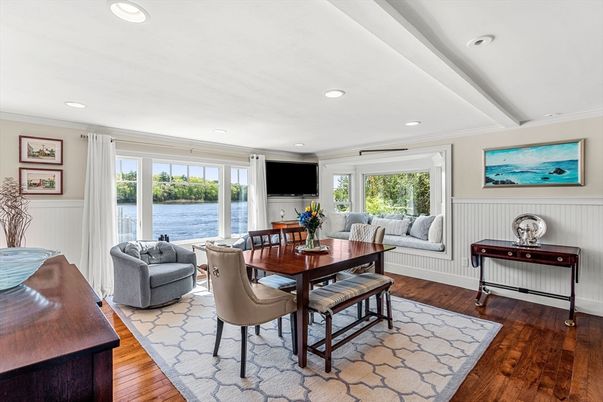 Dining room, Interior, Living room, Recessed Lighting, Water, Wood Texture Flooring