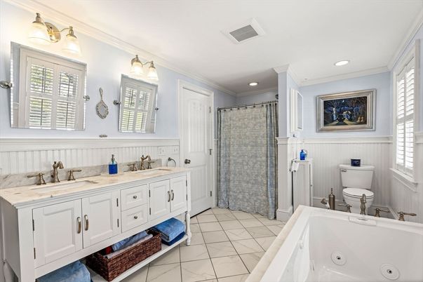 Bathroom, Dual Sink Vanities, Glass Shower, Interior, Marble, Recessed Lighting