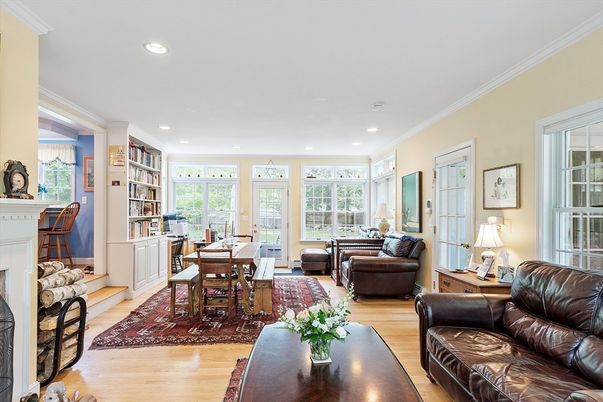 Dining room, Fireplace, Interior, Living room, Recessed Lighting, Wood Texture Flooring