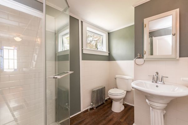 Bathroom, Glass Shower, Interior, Wood Texture Flooring