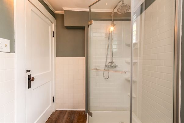 Bathroom, Glass Shower, Interior, Wood Texture Flooring