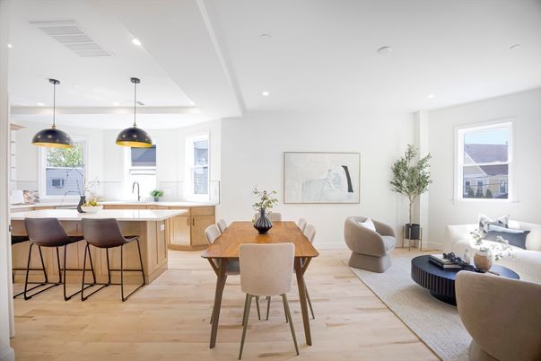 Dining room, Interior, Kitchen, Living room, Pendant Lights, Recessed Lighting, Wood Texture Flooring