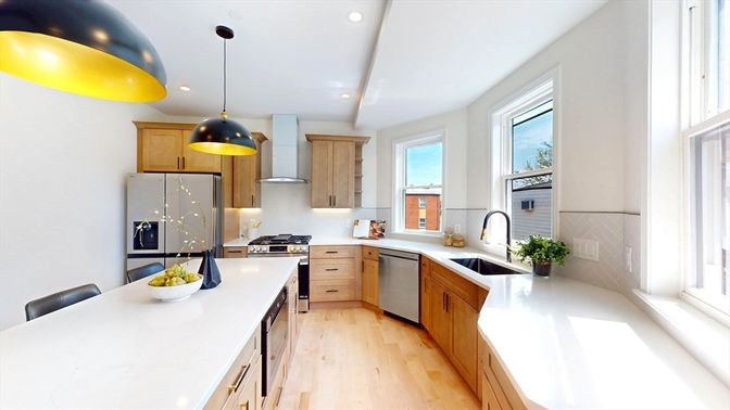 Interior, Kitchen, Pendant Lights, Recessed Lighting, Stainless Steel Appliances, Wood Texture Flooring