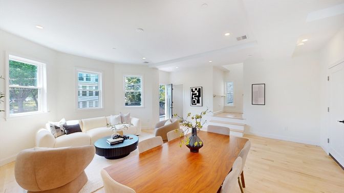 Dining room, Interior, Living room, Recessed Lighting, Wood Texture Flooring