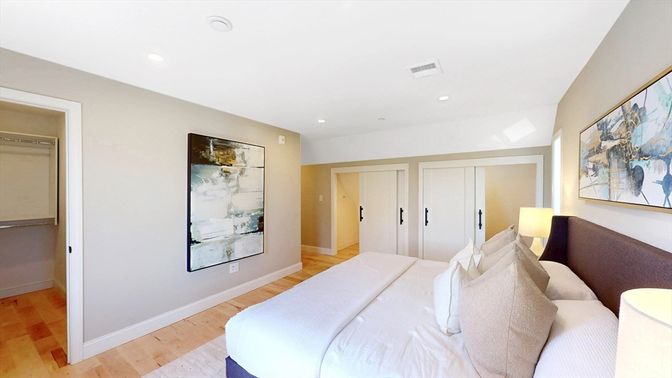 Bedroom, Interior, Recessed Lighting, Wood Texture Flooring
