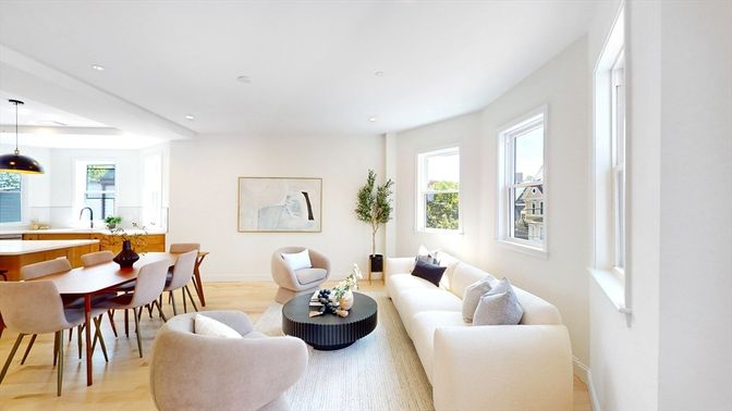 Dining room, Interior, Living room, Pendant Lights, Recessed Lighting, Wood Texture Flooring