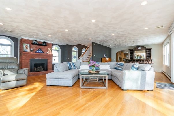 Fireplace, Interior, Living room, Recessed Lighting, Wood Texture Flooring