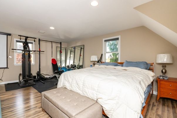 Bedroom, Fitness Equipment, Interior, Recessed Lighting, Wood Texture Flooring