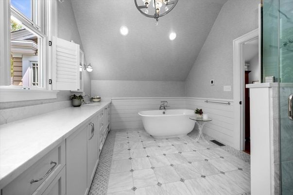 Bathroom, Free Standing Baths, Glass Shower, Interior, Marble, Recessed Lighting