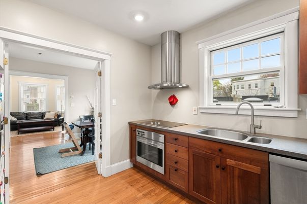 Interior, Kitchen, Living room, Recessed Lighting, Stainless Steel Appliances, Wood Texture Flooring
