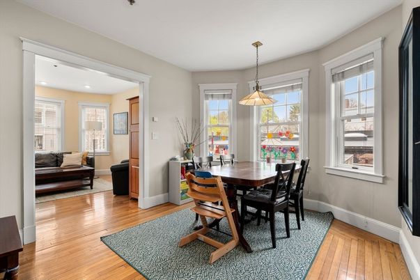 Dining room, Interior, Pendant Lights, Recessed Lighting, Wood Texture Flooring