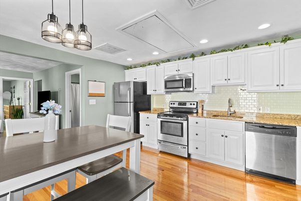 Interior, Kitchen, Pendant Lights, Recessed Lighting, Stainless Steel Appliances, Wood Texture Flooring