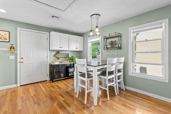 Dining room, Interior, Pendant Lights, Recessed Lighting, Wood Texture Flooring