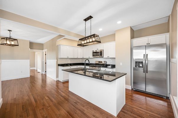 Interior, Kitchen, Pendant Lights, Recessed Lighting, Stainless Steel Appliances, Wood Texture Flooring