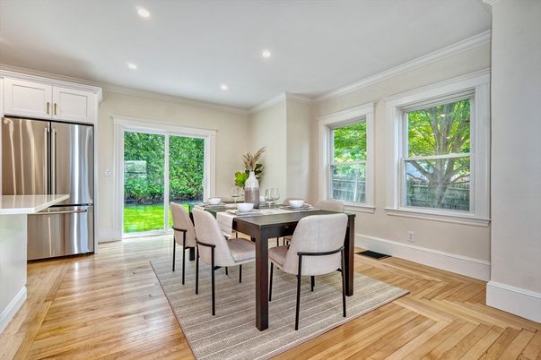 Dining room, Interior, Kitchen, Recessed Lighting, Stainless Steel Appliances, Wood Texture Flooring