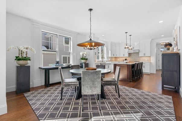 Chandelier, Dining room, Interior, Kitchen, Pendant Lights, Recessed Lighting, Wood Texture Flooring