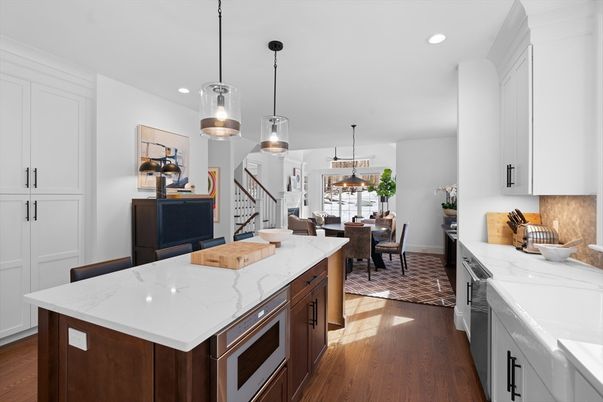 Dining room, Interior, Kitchen, Pendant Lights, Recessed Lighting, Wood Texture Flooring