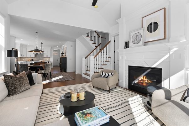 Dining room, Fireplace, Interior, Kitchen, Living room, Pendant Lights, Recessed Lighting, Stainless Steel Appliances, Wood Texture Flooring