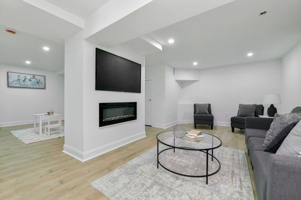 Fireplace, Interior, Living room, Recessed Lighting, Wood Texture Flooring