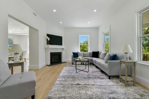 Fireplace, Interior, Living room, Recessed Lighting, Wood Texture Flooring