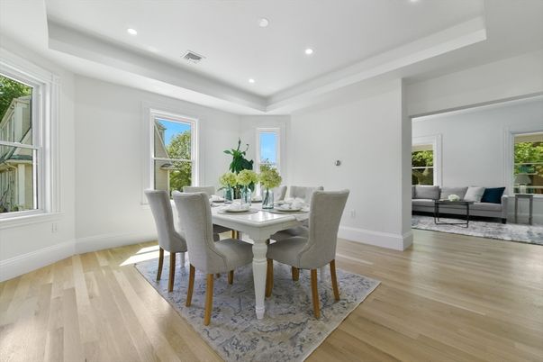 Dining room, Interior, Recessed Lighting, Wood Texture Flooring