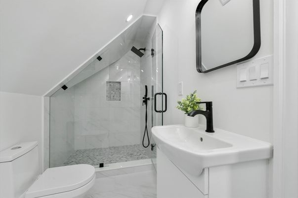 Bathroom, Glass Shower, Interior, Marble, Marble Walls, Recessed Lighting