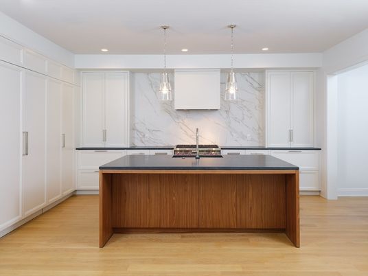 Interior, Kitchen, Marble Walls, Pendant Lights, Recessed Lighting, Wood Texture Flooring